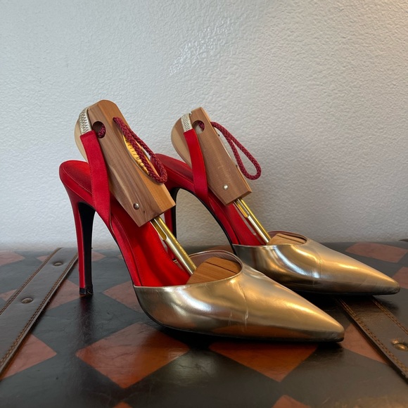 Giambattista Valli Red Satin & Silver Mirror Slingback Pump Heels - Picture 2 of 9